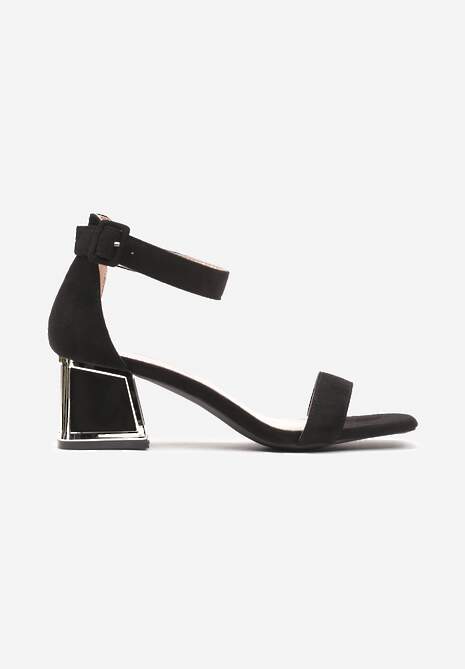 Czarne Sandały z Metaliczną Wstawką na Słupku z Imitacji Zamszu Adlephia