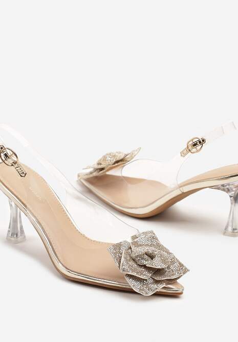 Złote Transparentne Sandały na Obcasie z Błyszczącym Kwiatkiem Alariva