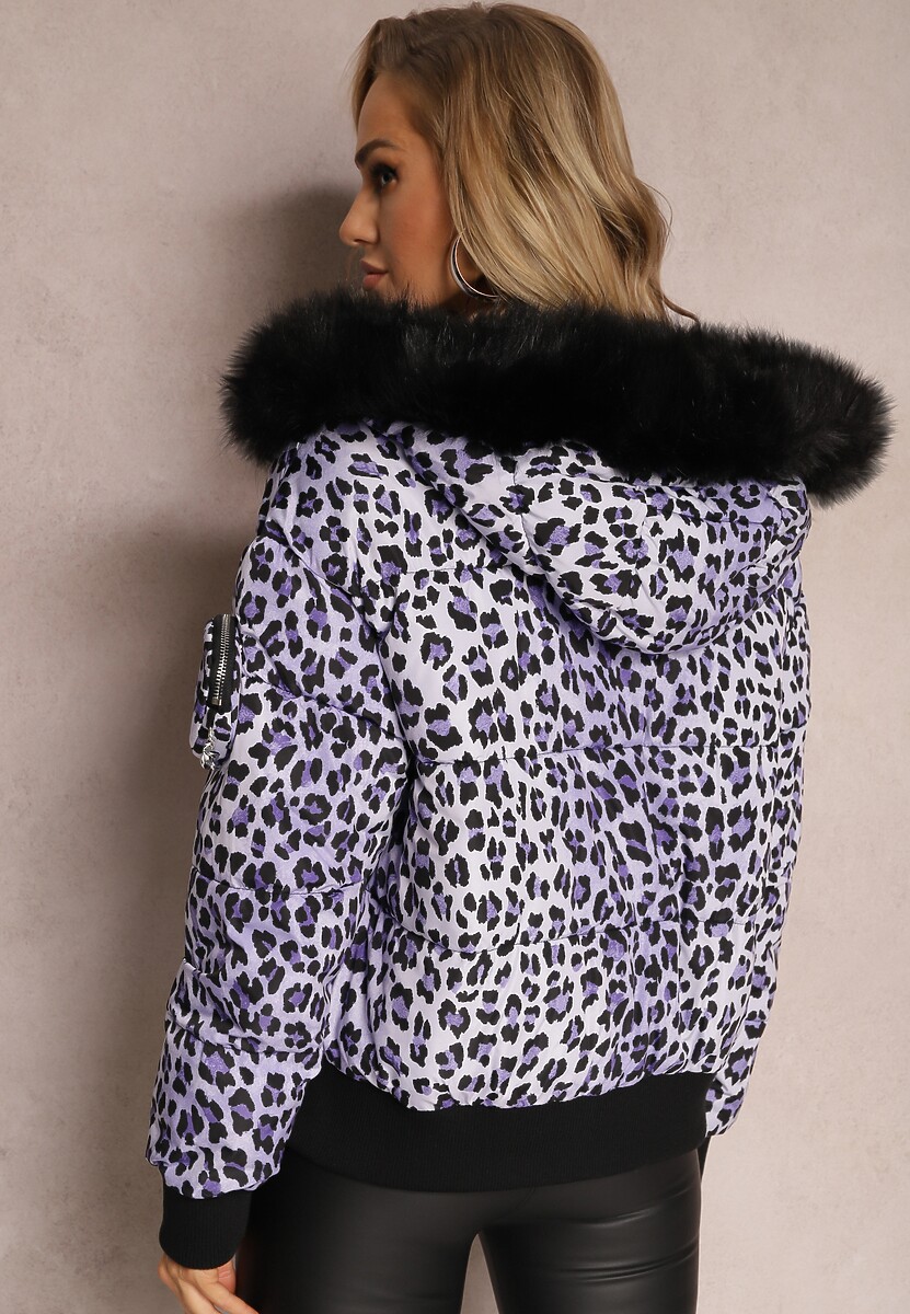 Fioletowa Pikowana Kurtka w Panterkę z Kapturem i Ozdobną Saszetką Sadeve