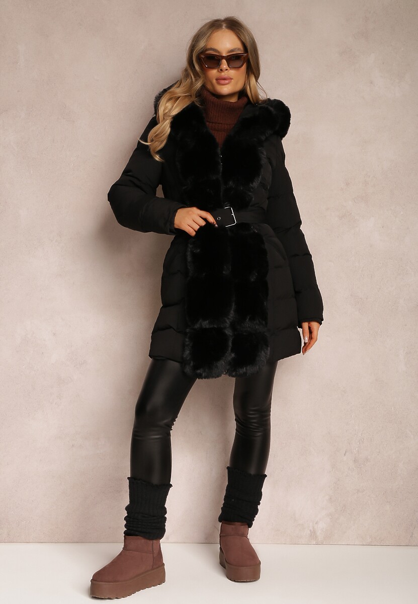 Czarna Kurtka Pikowana z Futerkiem Kove