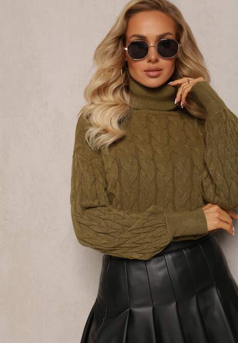 Ciemnozielony Sweterkowy Golf o Warkoczykowym Splocie Taitusi