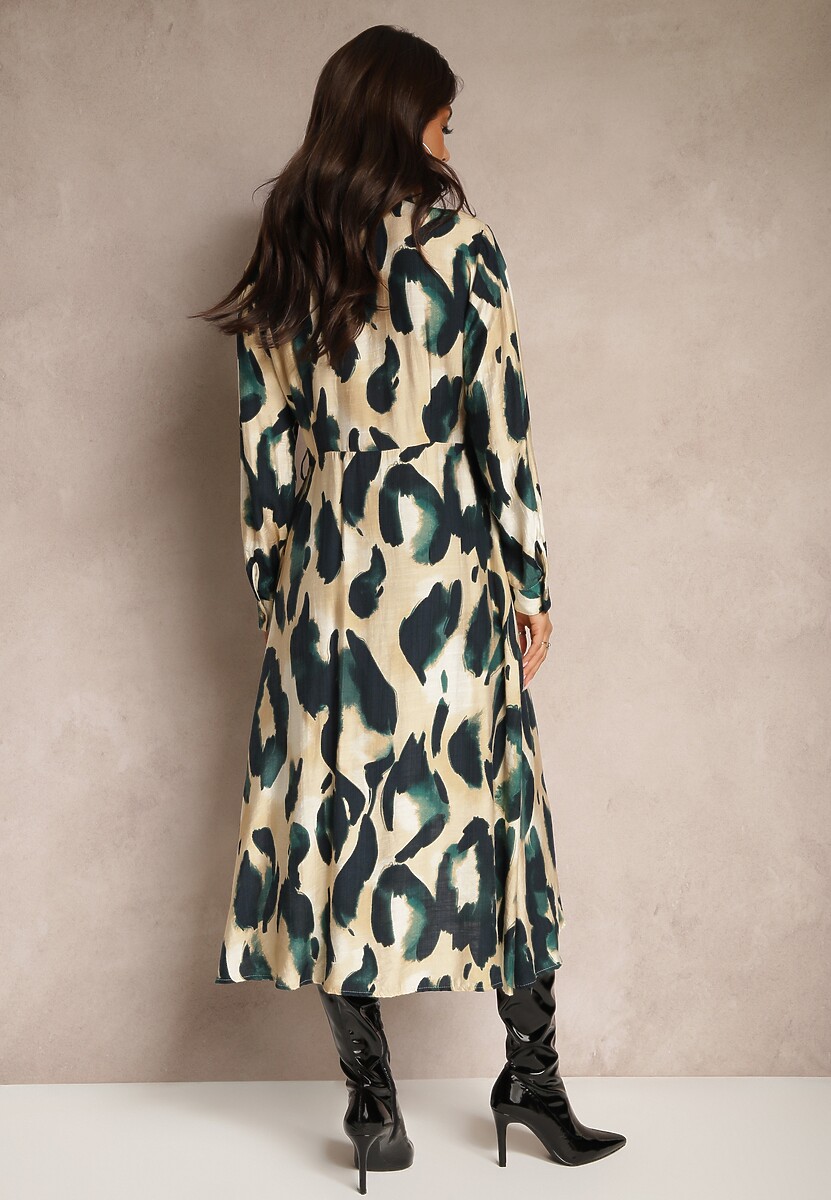 Zielono-Beżowa Wzorzysta Sukienka o Koszulowym Kroju z Paskiem z Plecionki Mirirani