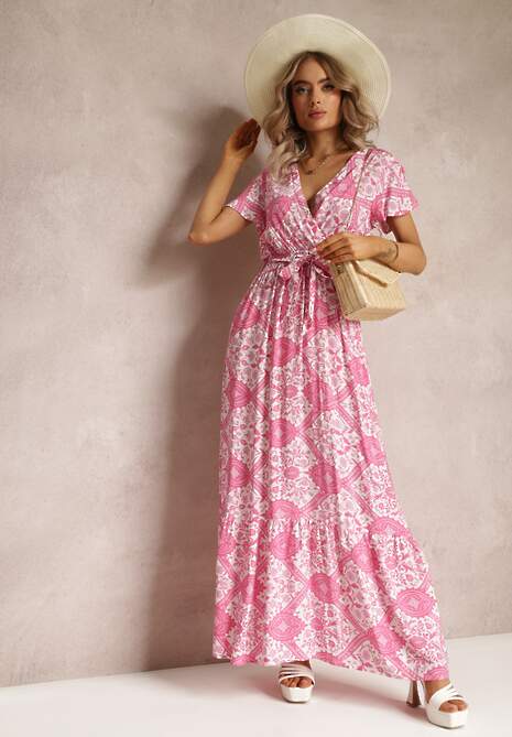 Fuksjowa Rozkloszowana Sukienka z Kopertowym Dekoltem i Wiązanym Paskiem Brynis