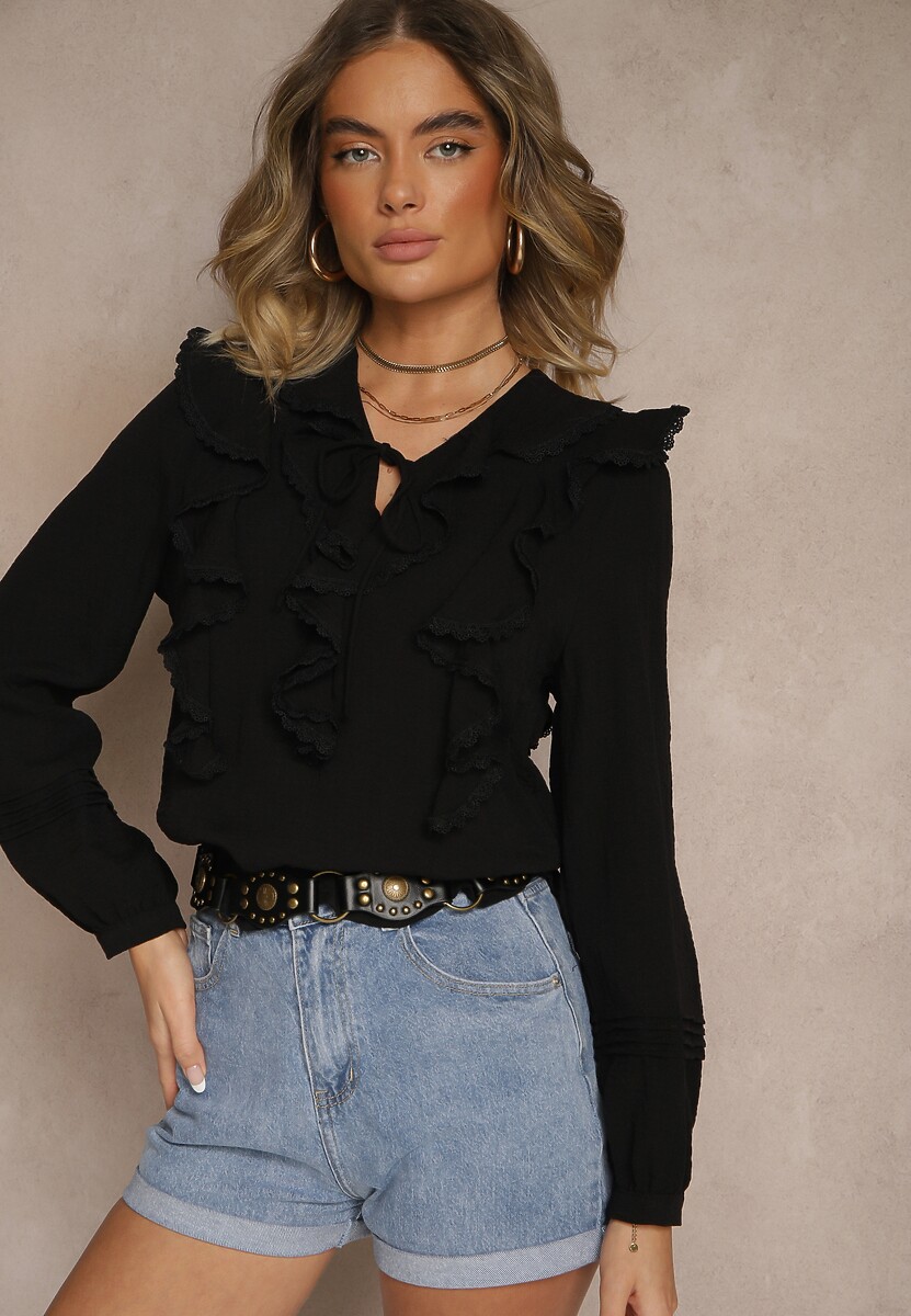 Czarna Bluzka z Wiskozy Ozdobiona Falbankami i Wiązaniem Fonoriel