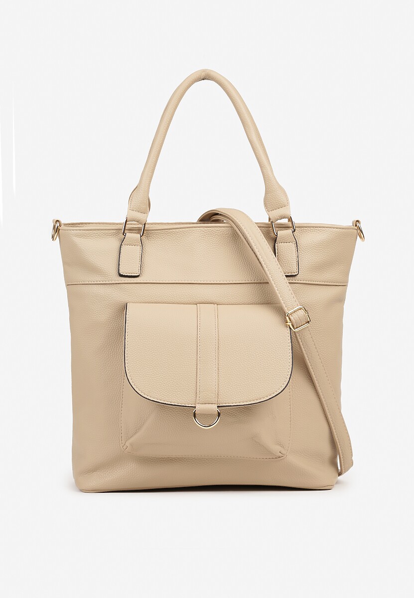 Beżowa Torebka Typu Shopper z Ozdobną Kieszenią i Paskiem Crossbody Frocelle