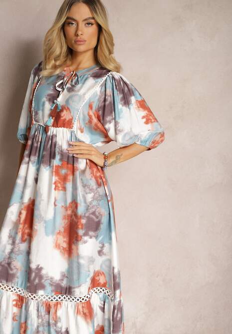 Beżowa Sukienka w Stylu Boho z Krótkim Rękawem z Falbanką i Rękawem 3/4 Valendra