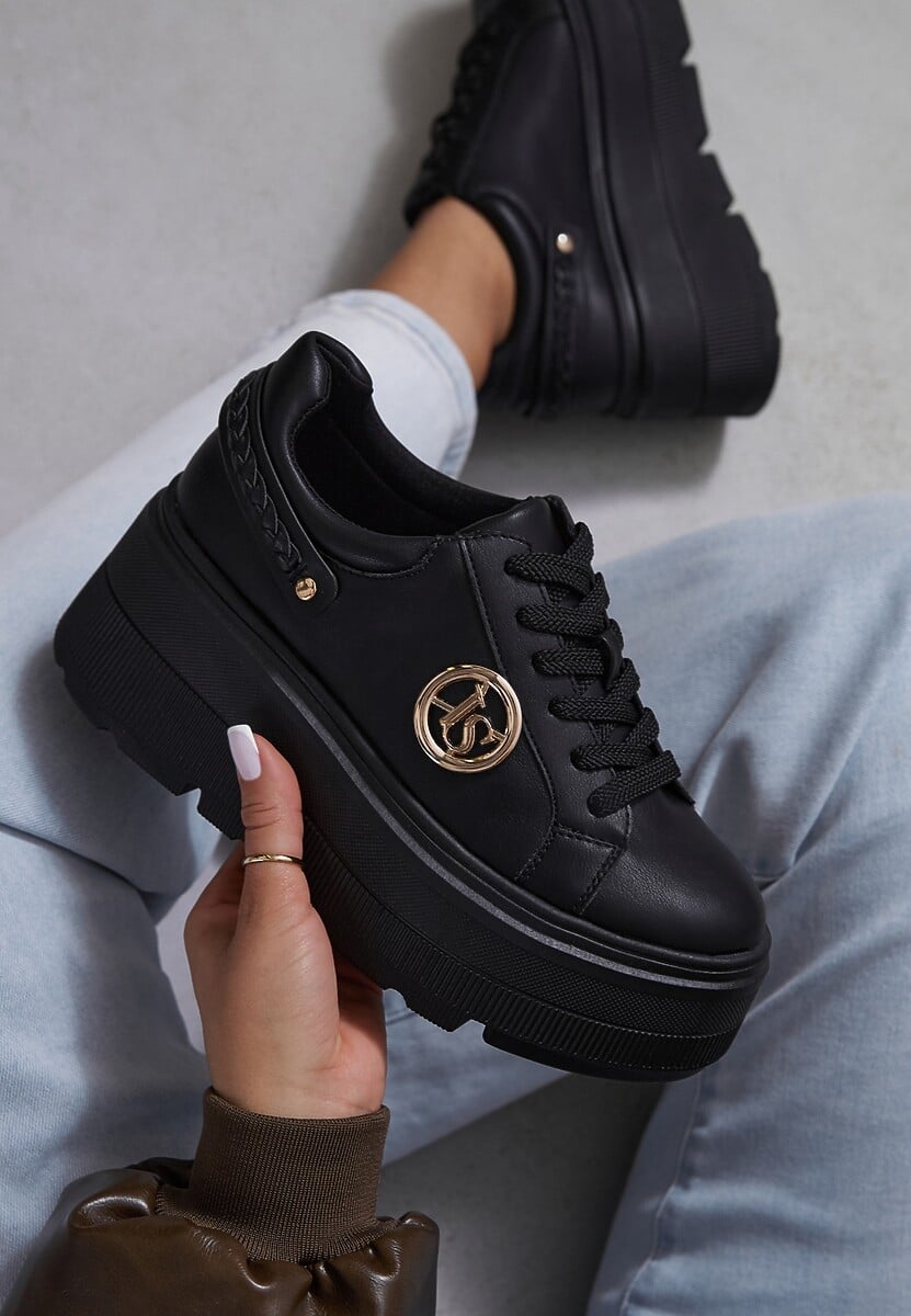 Czarne Sneakersy Vices na Platformie Ozdobione Metaliczną Aplikacją Tatellia