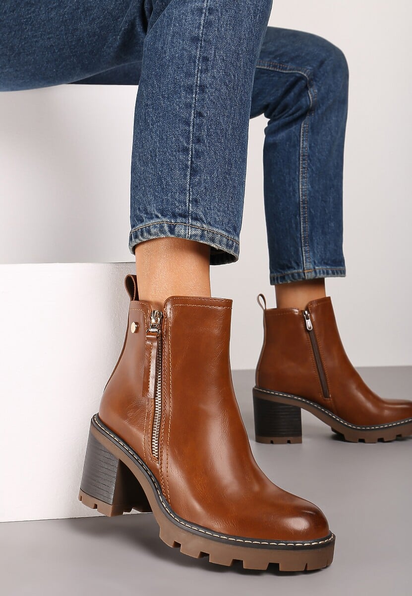 Brązowe Botki na Obcasie z Ozdobnym Zamkiem Błyskawicznym Leriene