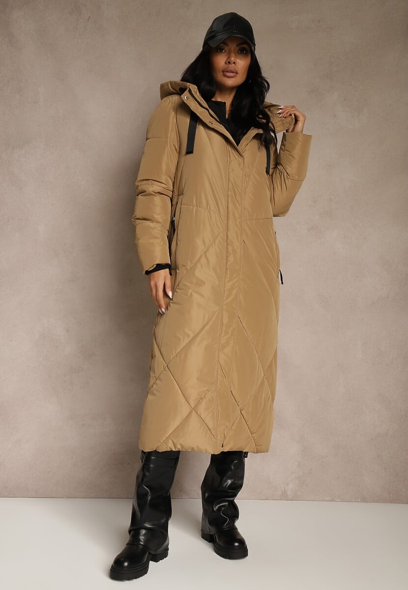 Czarna Pudełkowa Kurtka o Długim Kroju z Pikowanymi Przeszyciami Kapturem i Kieszeniami Calatta