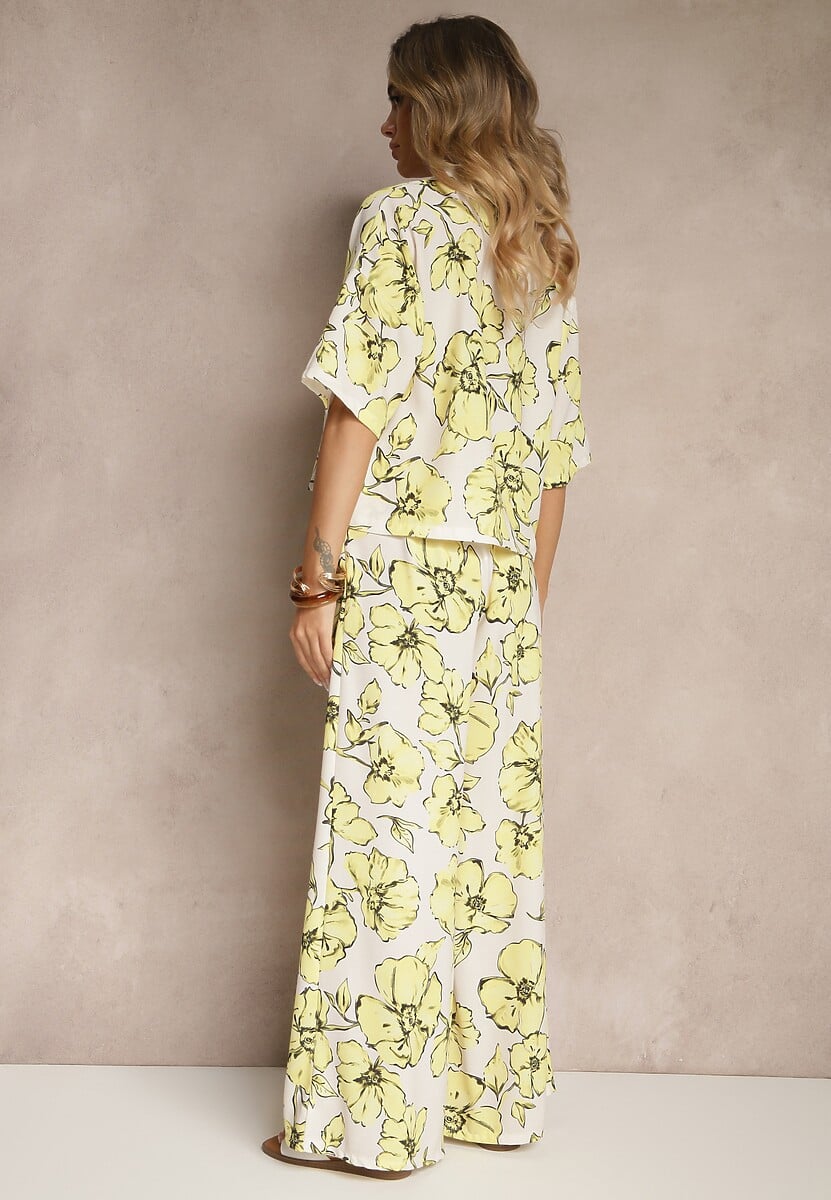 Żółty Komplet w Kwiaty Koszula z Krótkim Rękawem i Szerokie Spodnie Revanae