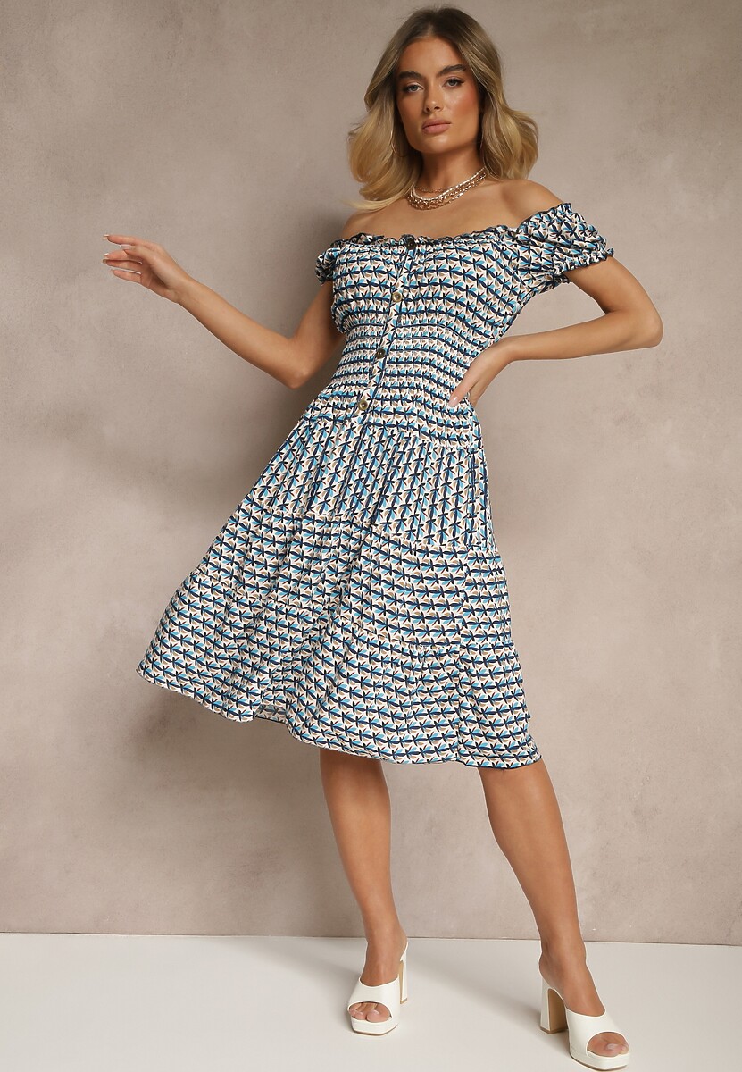 Niebieska Bawełniana Sukienka z Bufiastymi Rękawami i Guzikami Ronimera