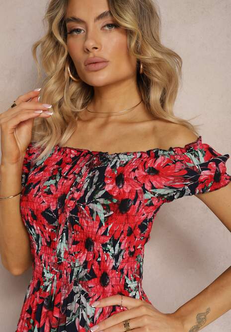 Granatowo-Czerwona Rozkloszowana Sukienka Hiszpanka z Wiskozy w Kwiatowy Wzór Viseria