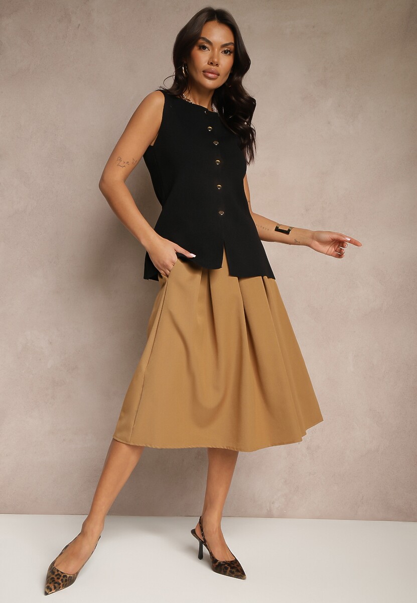 Ciemnobeżowa  Spódnica o Rozkloszowanym Fasonie Midi Oncene