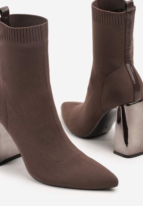 Brązowe Botki Vices na Słupku ze Skarpetową Cholewką Falacesa