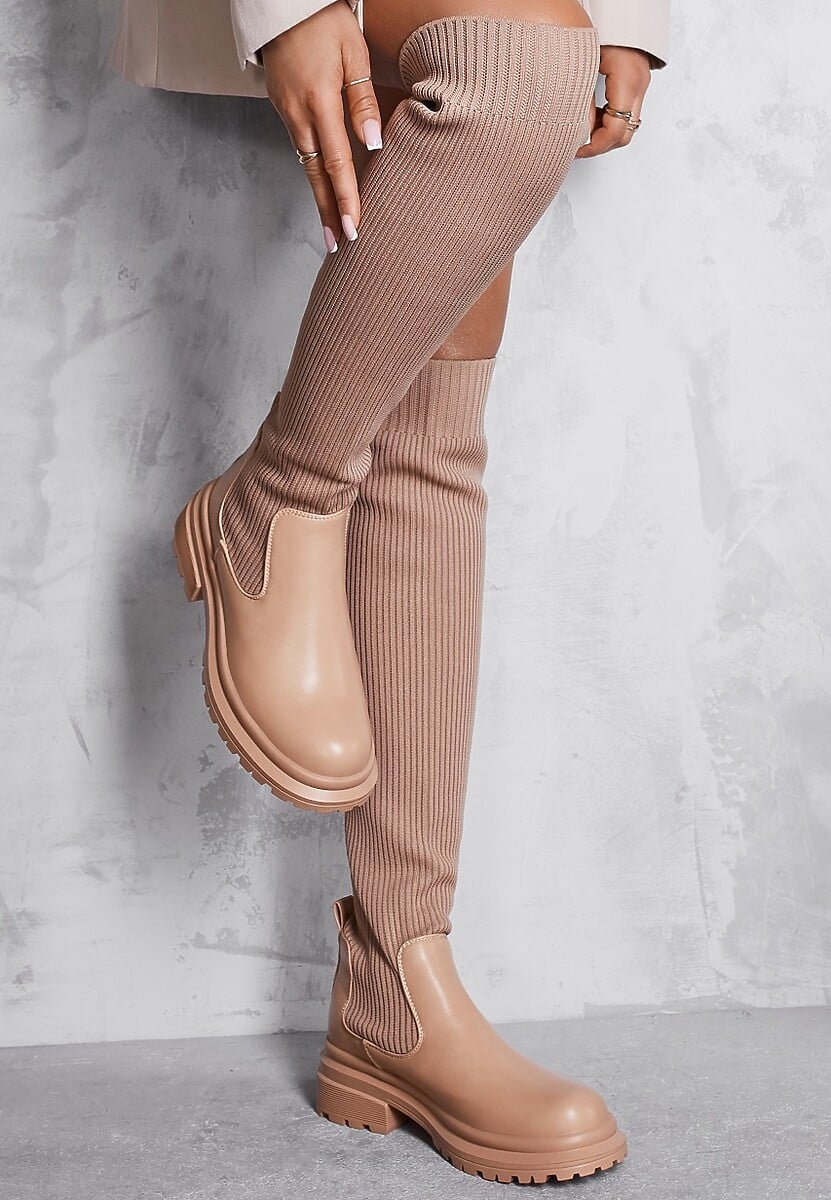 Beżowe Kozaki z Elastyczną Prążkowaną Cholewką za Kolano Goisee