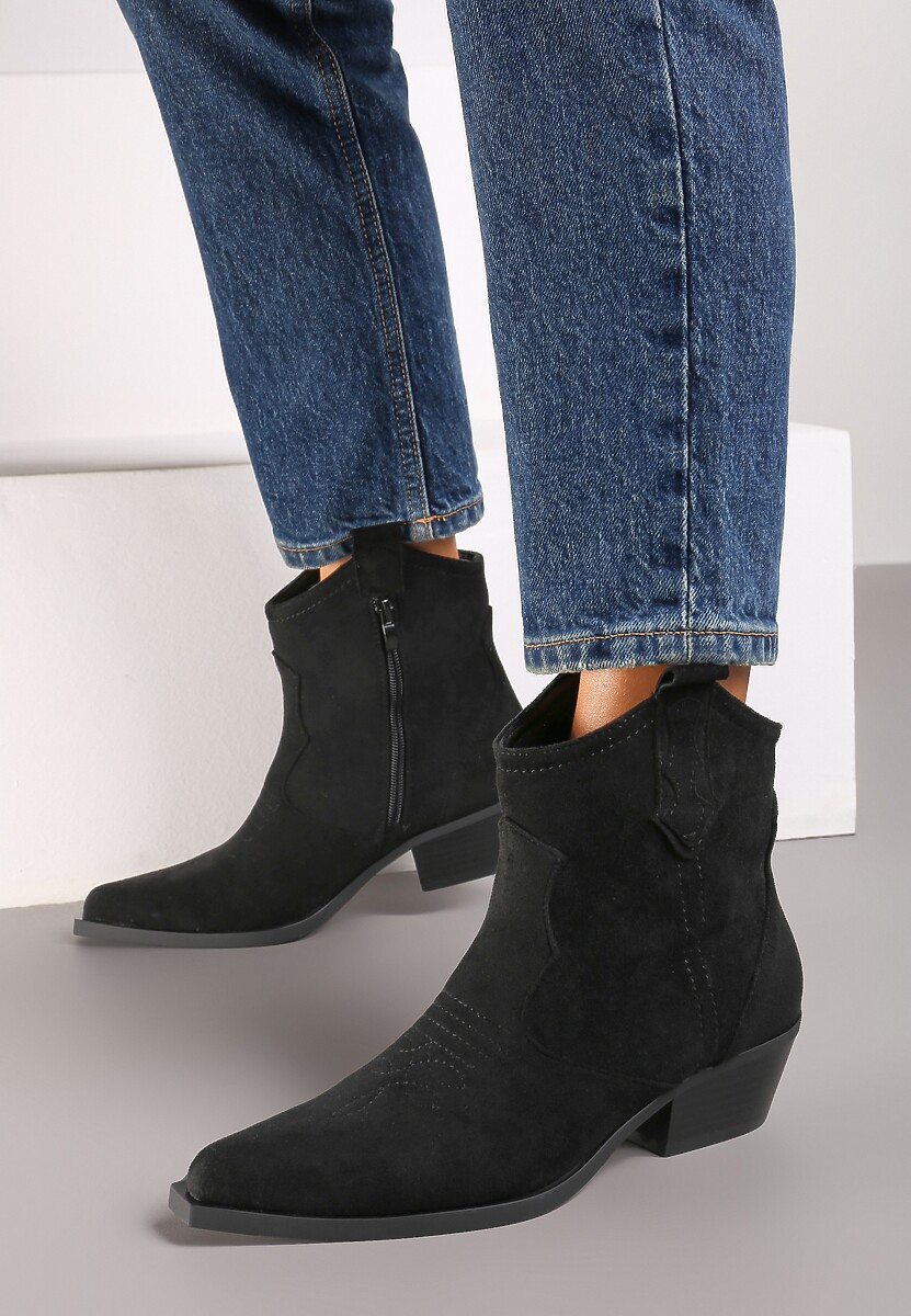 Czarne Botki na Słupku w Stylu Kowbojek Zapinane na Suwak Evirene