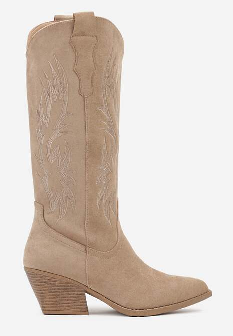 Ciemnobeżowe Klasyczne Kozaki Kowbojki na Stożku Zdobione Haftem Nallesia