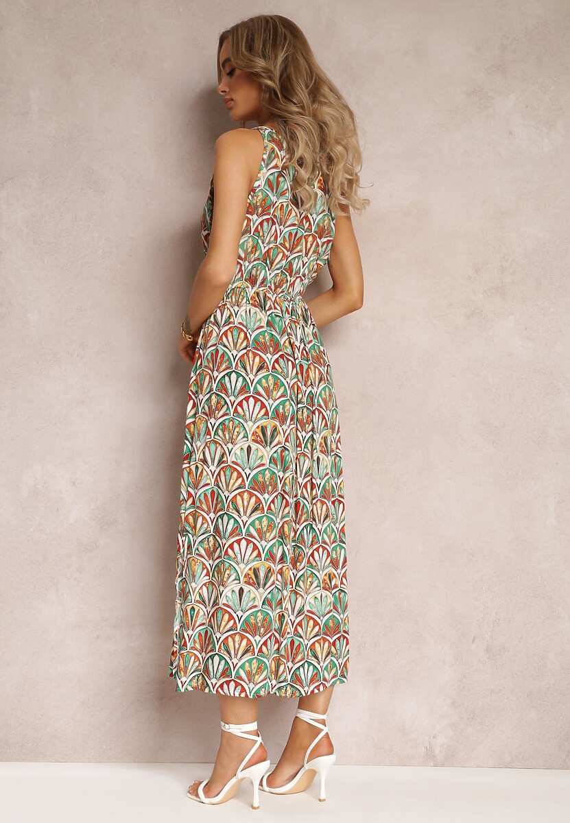 Brązowo-Zielona Sukienka w Ornamentalny Wzór z Wiskozy z Gumką w Talii Lellte