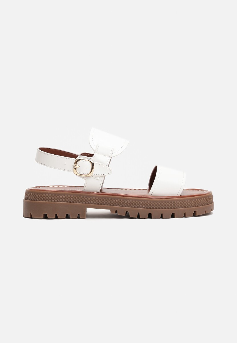 Białe Sandały na Płaskiej Podeszwie z Przeszyciami i Sprzączką Simisola