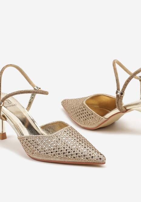 Złote Sandały Slingback na Szpilce ze Szpiczastym Noskiem z Cyrkoniami Dimena