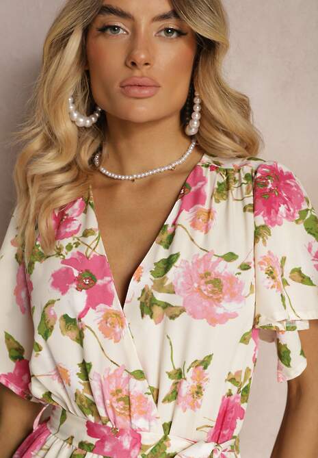 Beżowo-Różowa Kopertowa Rozkloszowana Sukienka z Falbaną i Gumką w Pasie Przewiązana Paskiem Iratia