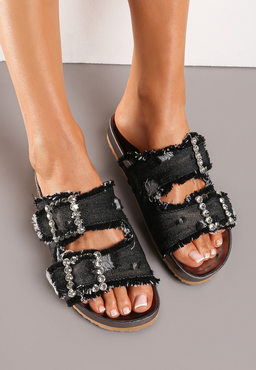 Czarne Płaskie Klapki Ozdobione Cyrkoniami i Klamrami Tesabelle