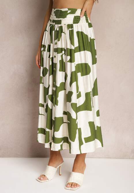 Zielono-Beżowa Rozkloszowana Spódnica High Waist z Gumką w Talii i Guzikami Tinasshi