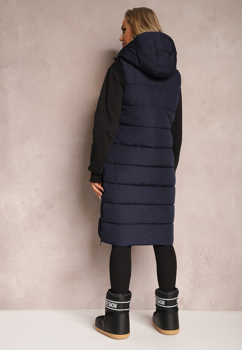 Granatowa Pikowana Kamizelka Bezrękawnik o Przedłużonym Fasonie z Kapturem Tawari