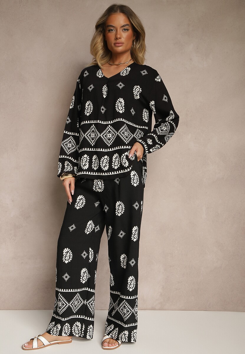 Czarny Komplet w Stylu Etno Spodnie z Gumką w Pasie i Bluzka Oversize Eviralyn