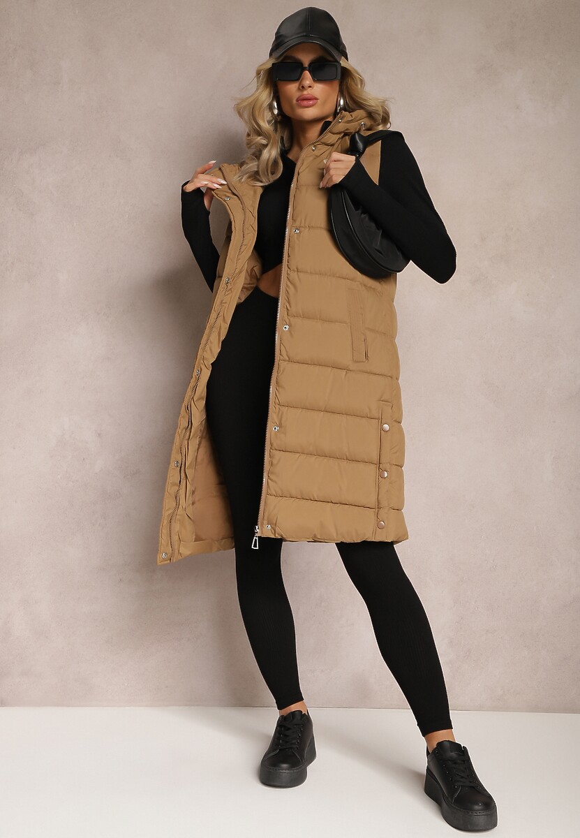 Beżowa Kamizelka o Wydłużonym Fasonie z Pikowaniem i Kieszeniami Banuni