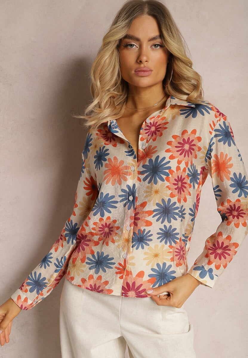 Beżowo-Niebieska Kwiecista Koszula z Długim Rękawem i Kołnierzem Zapinana na Guziki Merisa