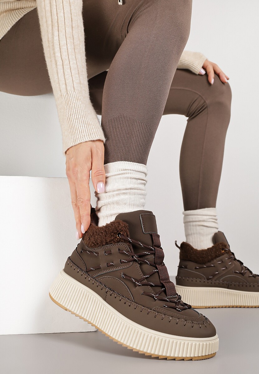 Brązowe Śniegowce Traperki Vices na Platformie z Tłoczeniem Ozdobione Przeszyciami Lerriva