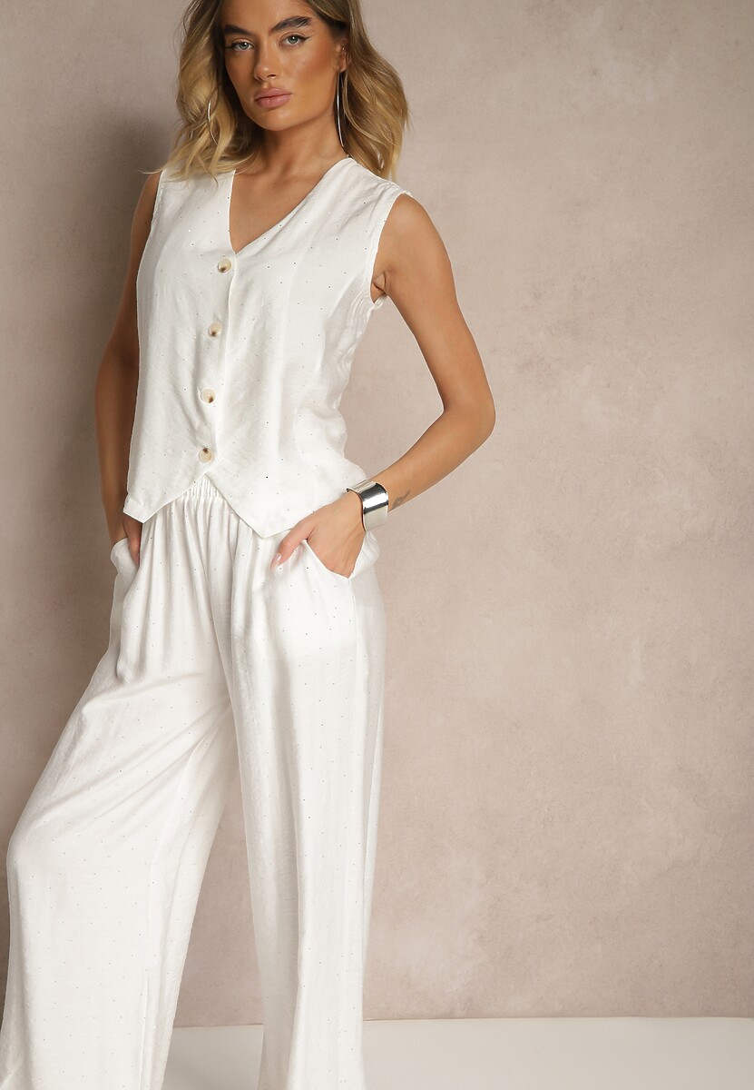 Biały Komplet o Garniturowym Kroju z Lnem Kamizelka i Spodnie z Cyrkoniami Redavale