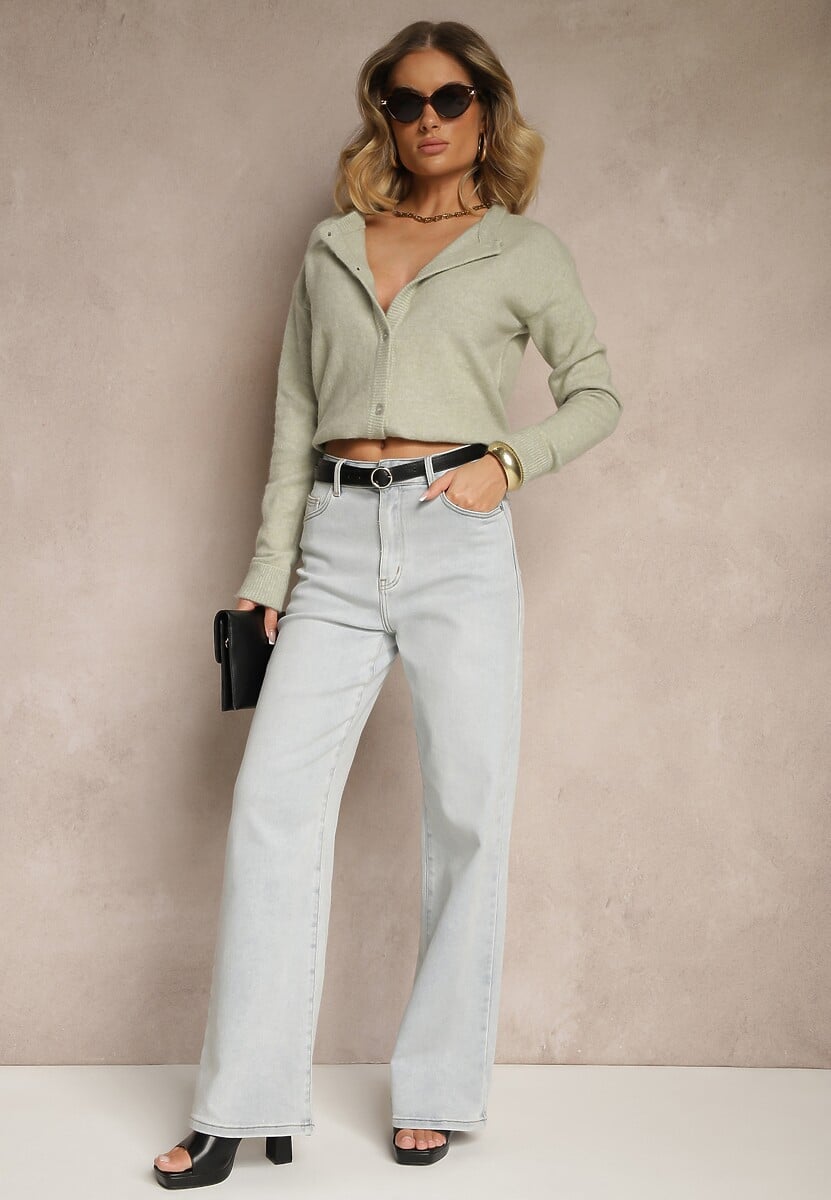 Jasnozielony Klasyczny Kardigan z Zaokrąglonym Dekoltem Reonira