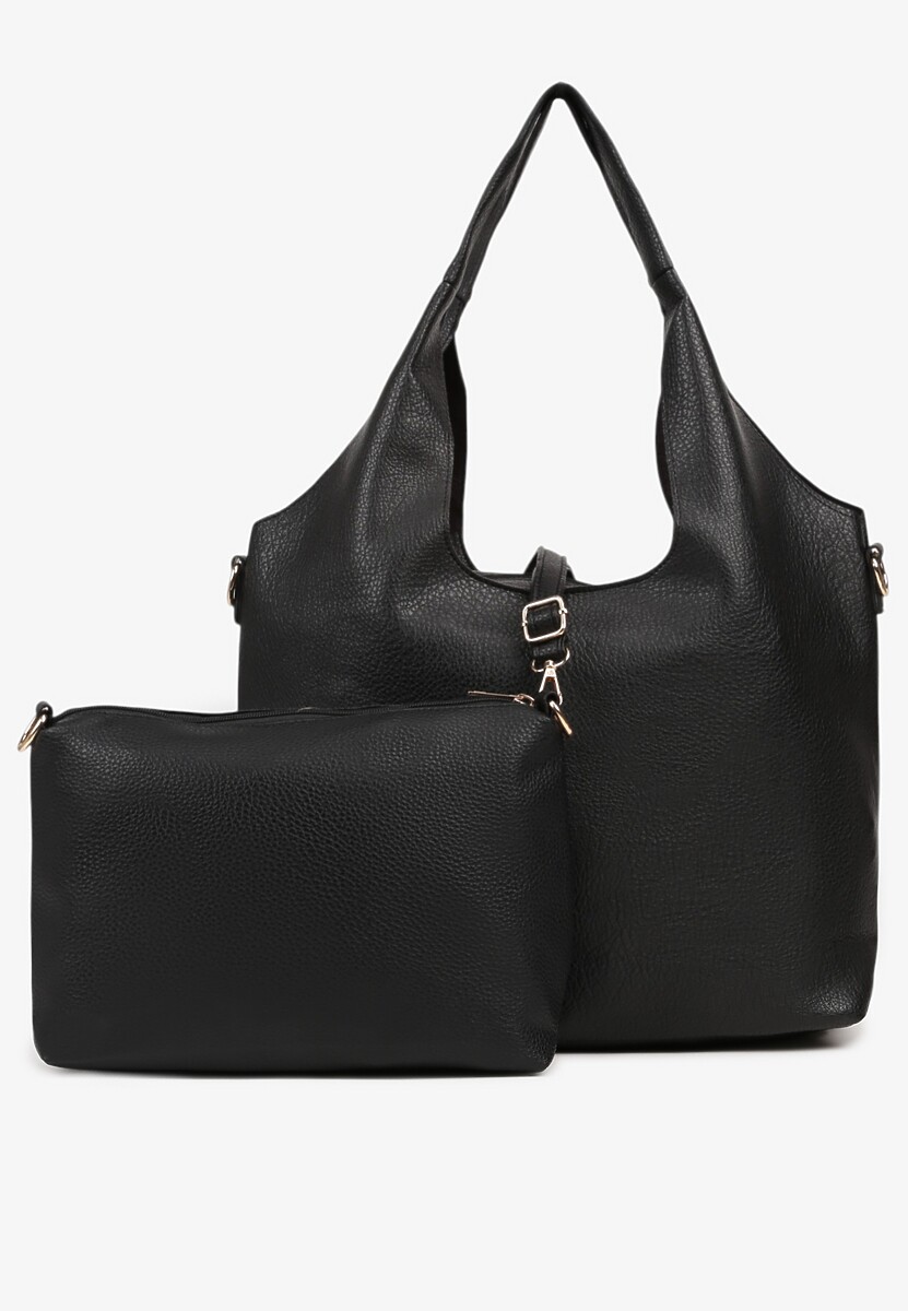 Czarna Torebka Shopperka Ozdobiona Przeszyciami z Dodatkową Saszetką Latavena