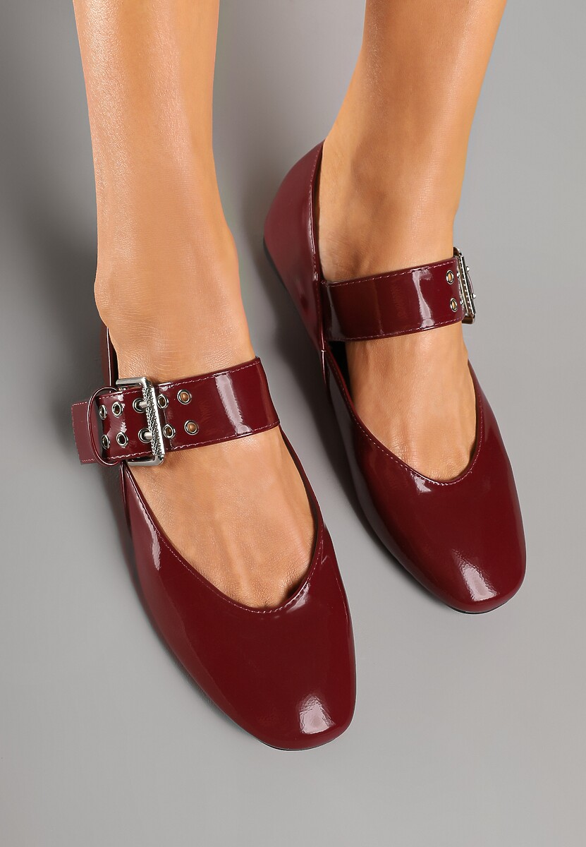 Bordowe Lakierowane Balerinki z Paskiem Zapinanym na Dużą Klamrę Tastia