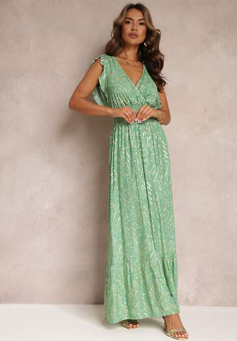 Zielona Sukienka Maxi z Metaliczną Aplikacją Wykonana z Wiskozy Akella