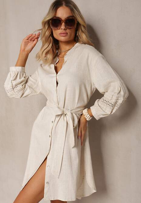 Beżowa Sukienka Koszula z Haftowanym Rękawem Wiązana w Pasie Passacalia