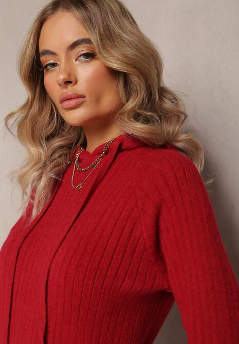 Bordowa Wełniana Sukienka w Prążki z Kapturem Opiuda