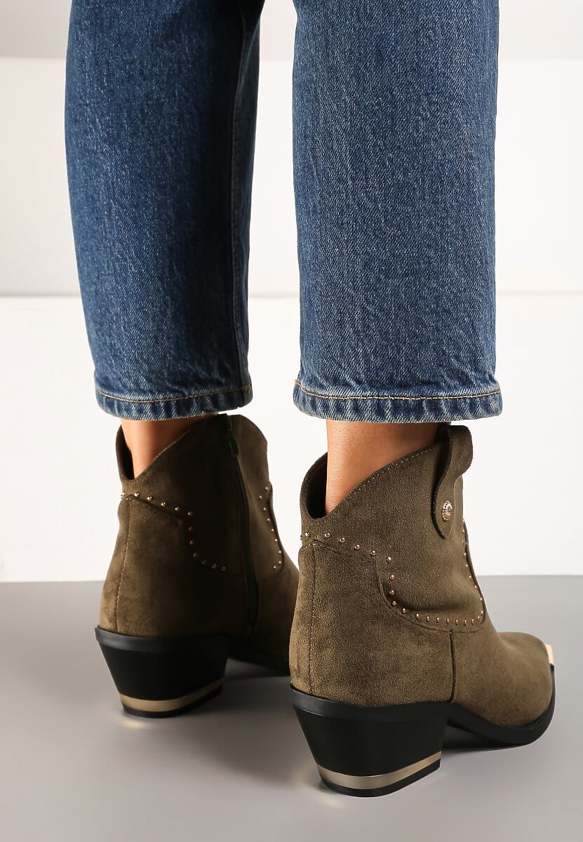 Ciemnozielone Botki Kowbojki z Ekozamszu z Niską Cholewką Zdobioną Nitami Riarosea