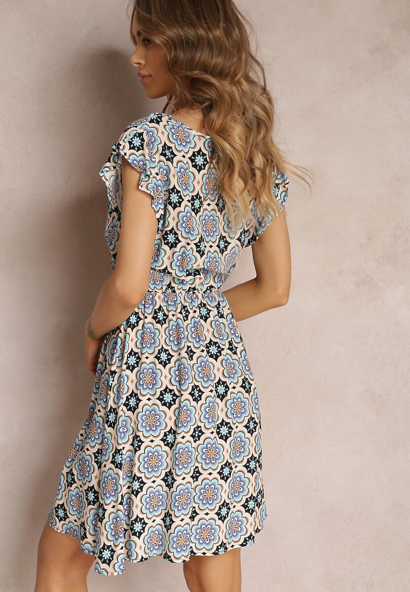 Niebiesko-Czarna Bawełniana Sukienka Mini w Mozaikowy Wzór z Gumką w Talii Fiyona