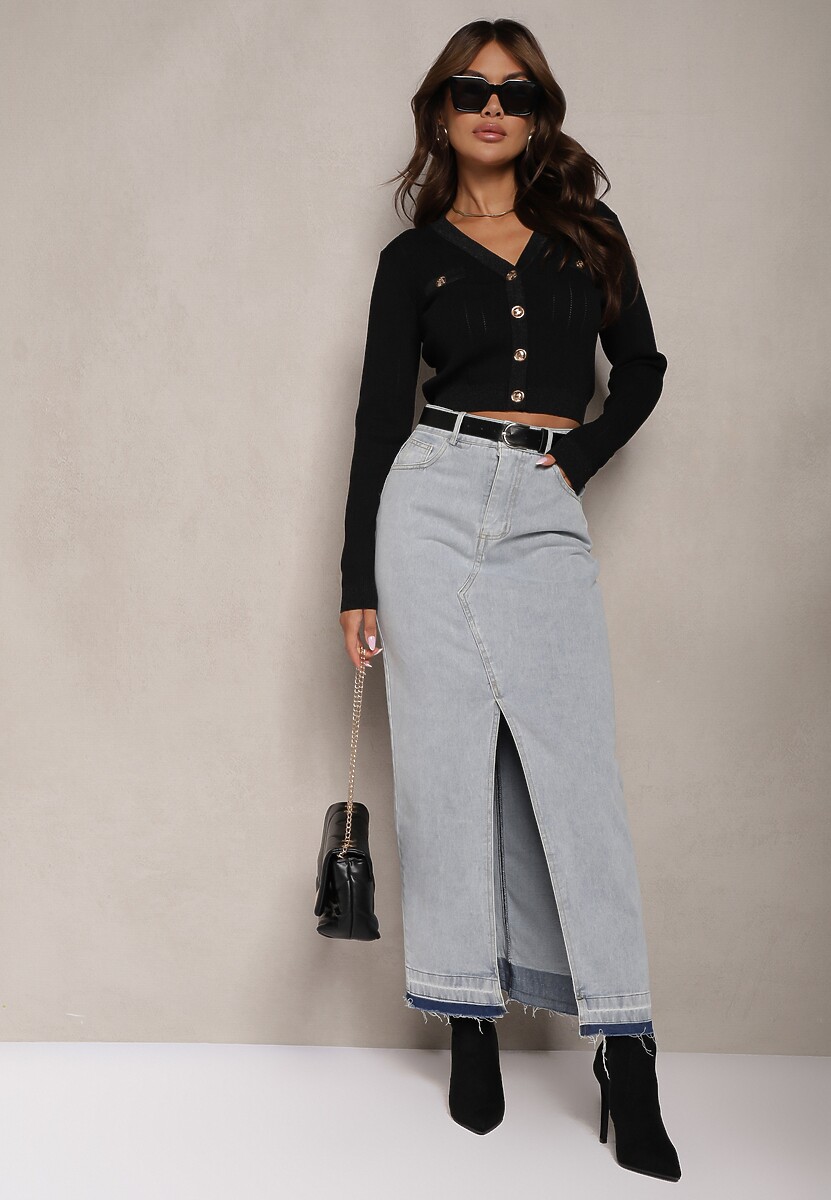 Jasnoniebieska Ołówkowa Spódnica Jeansowa z Ozdobnym Rozcięciem Lefrana