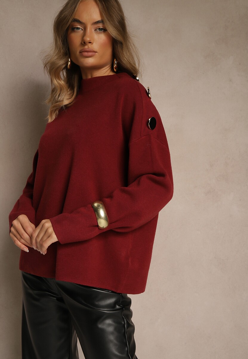 Bordowy Sweter z Metalicznymi Guzikami na Ramieniu Ederlia