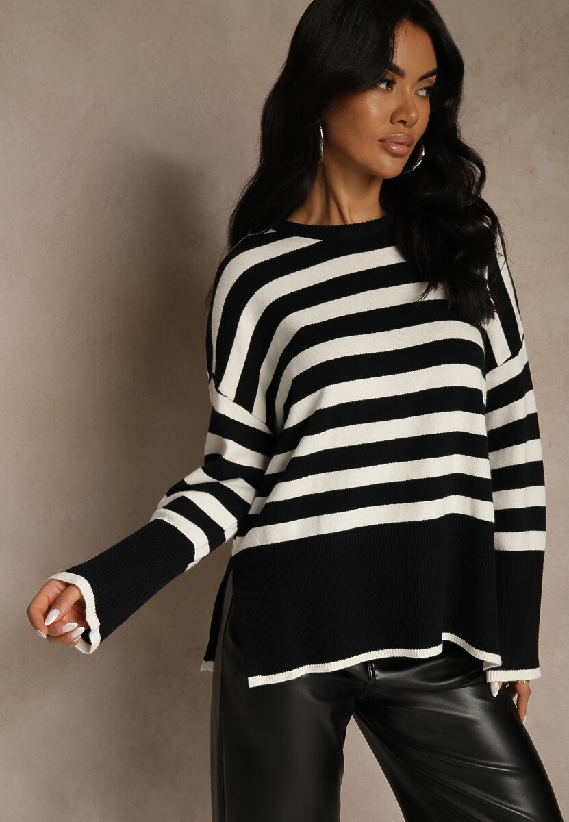 Kremowo-Czarny Sweter Oversize w Paski Kalitusa