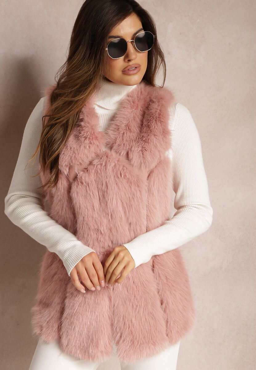 Różowa Futrzana Kamizelka z Wstawkami z Ekoskóry Lewja