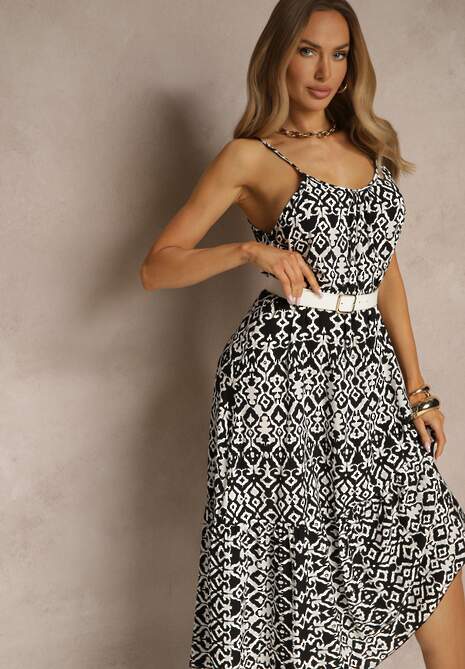 Czarna Bawełniana Sukienka w Geometryczny Wzór Koloniela