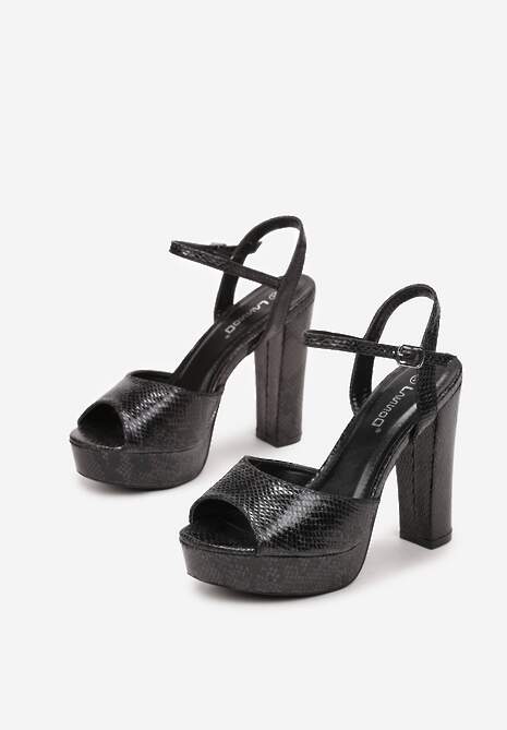 Czarne Sandały na Wysokim Słupku i Platformie z Tłoczeniem Skóry Węża Vanela