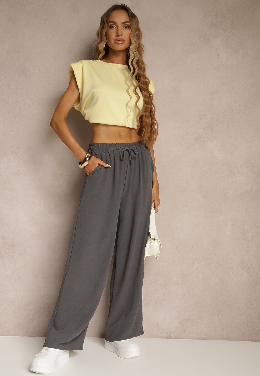 Szare Spodnie High Waist ze Sznurkiem w Talii i Prostą Nogawką Raveann