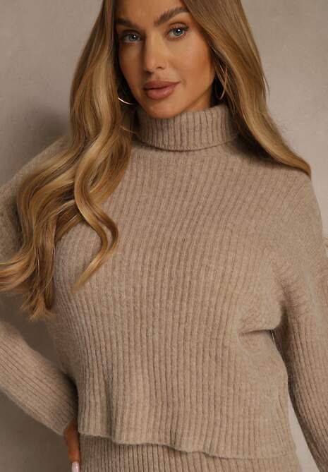 Ciemnobeżowy Dzianinowy Komplet z Bawełną i Wełną Dopasowana Sukienka i Golf Reinissa