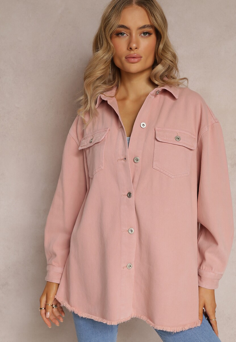 Różowa Bawełniana Jeansowa Kurtka Oversize z Kieszeniami i Metalowymi Guzikami Malvo